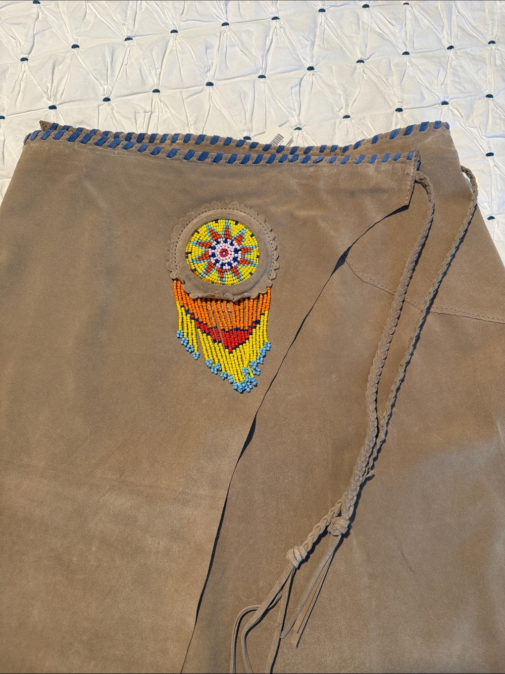 NWT Native American Tribal Boho Tan Suede Wrap Skirt with Beaded Medallion